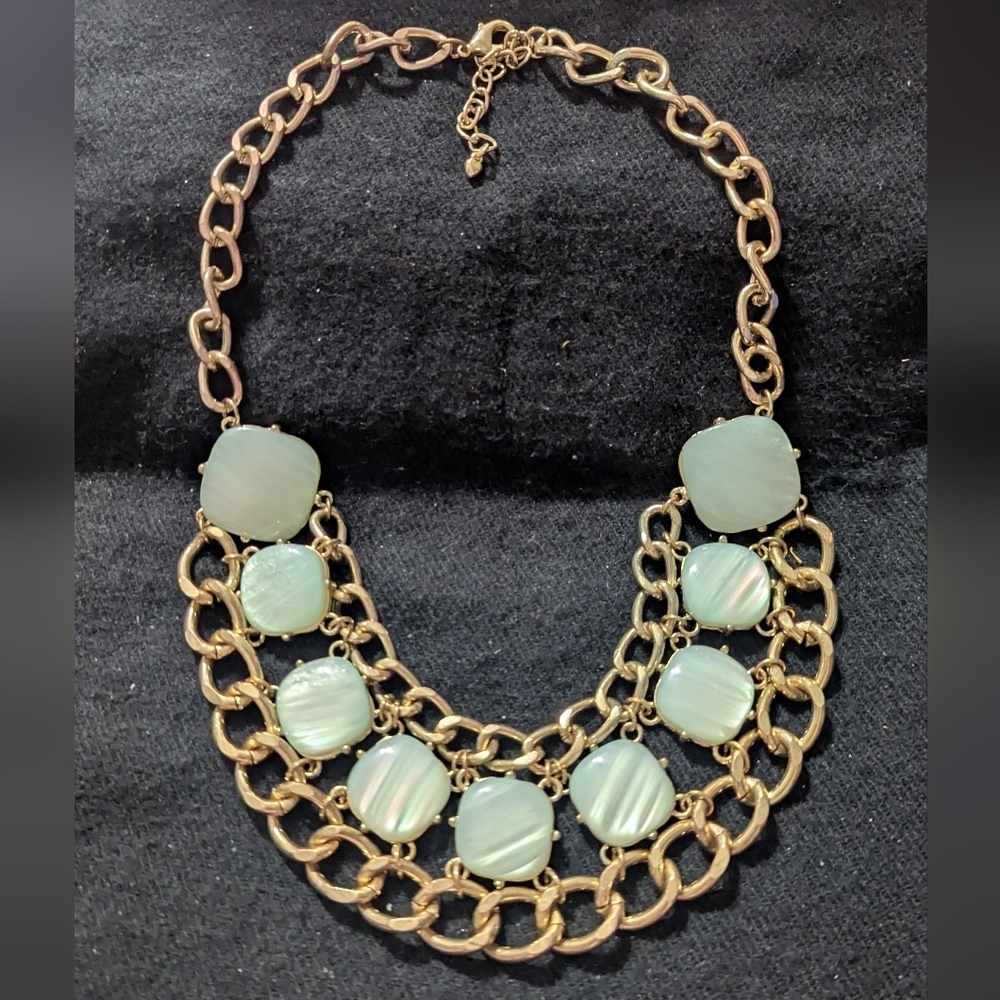 Gold Tone Pastel Mint Green Iridescent Chunky Bib Style Statement Necklace